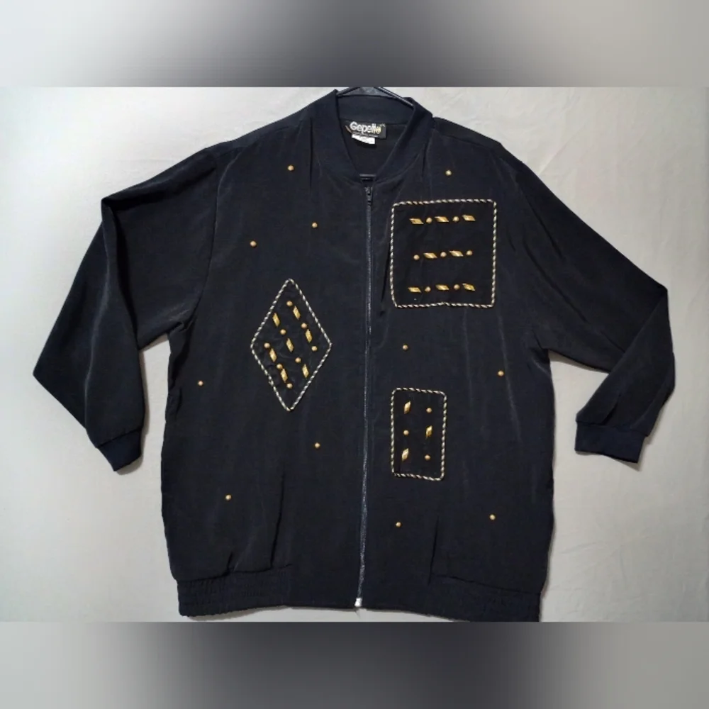 Vtg Gepetto Women's Jacket L Black Gold Sequin Long Sleeve Shoulder Pads Zip Up